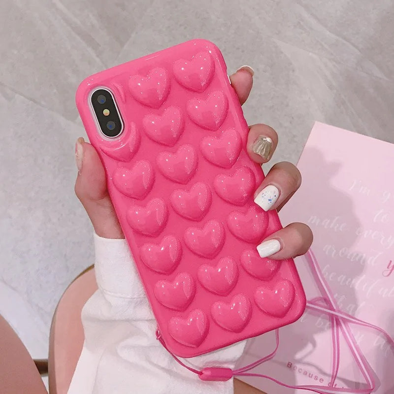 Trendy pink 3D heart bubble phone case – cute and protective design.