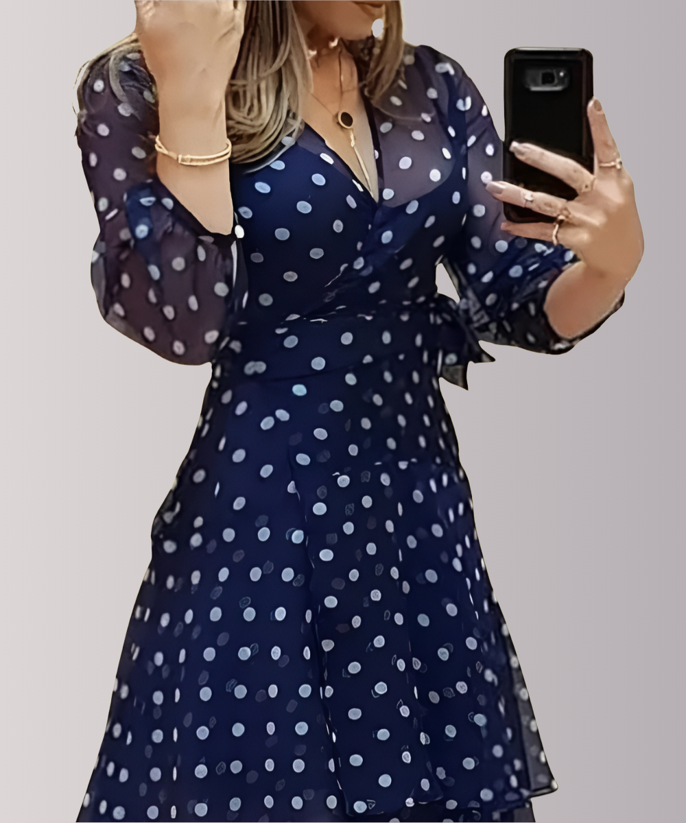 Black and white polka dot wrap maxi dress with sheer ruffle hem – long sleeve evening dress for women