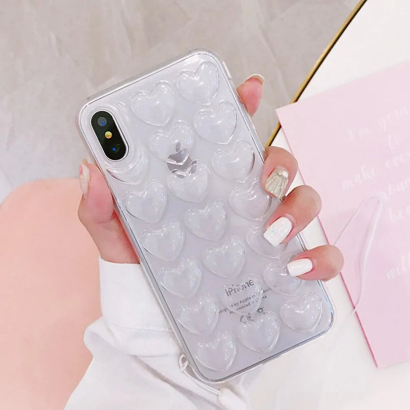 Trendy transparent 3D heart bubble phone case – cute and protective design.