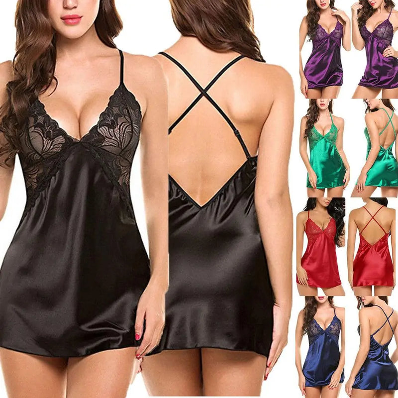 Black lace lingerie sleepwear with criss-cross back straps – satin nightdress for women