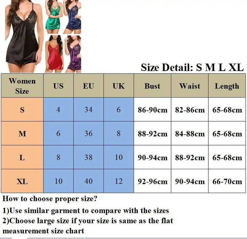 Size chart for lingerie set