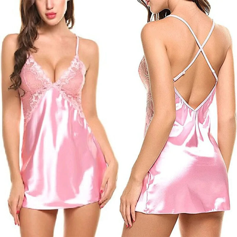 Pink lace lingerie sleepwear with criss-cross back straps – satin nightdress for women