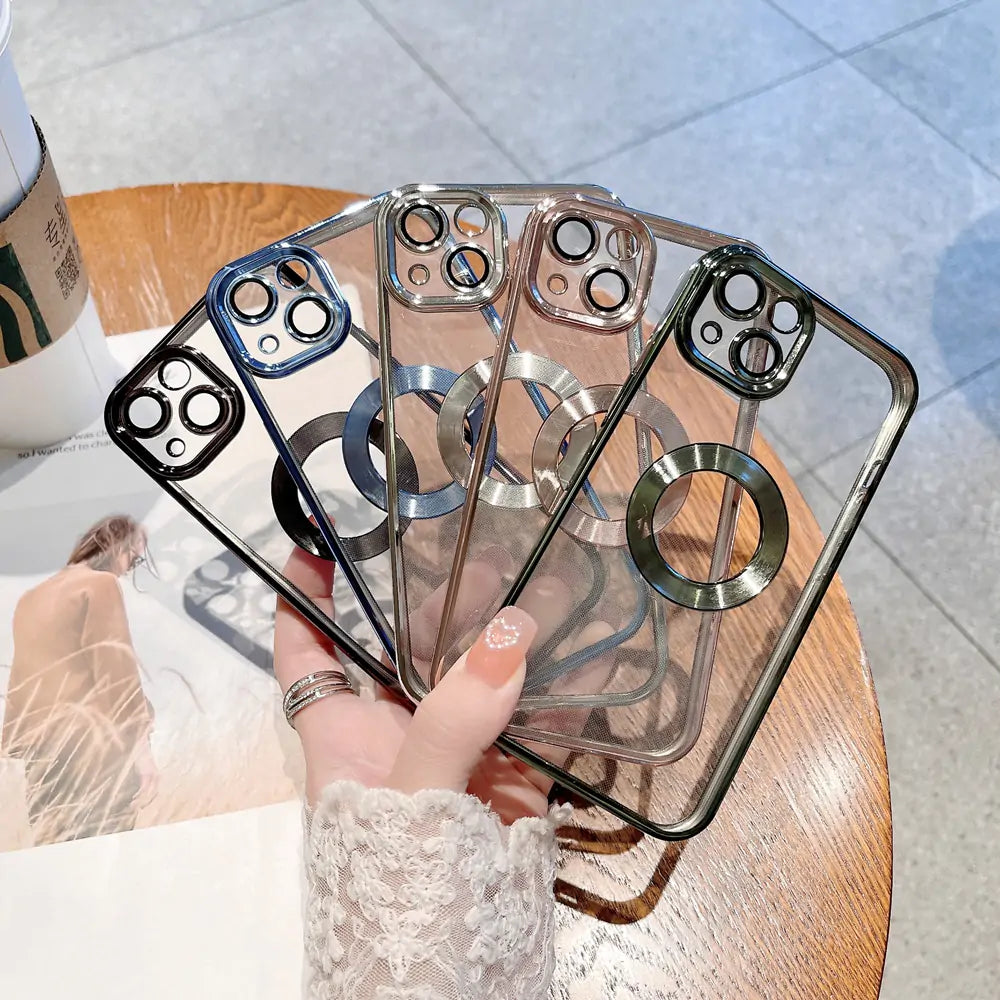 Luxury glossy phone case with metal ring design – stylish and protective.