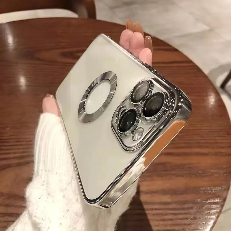 Luxury glossy phone case with metal ring design – stylish and protective.