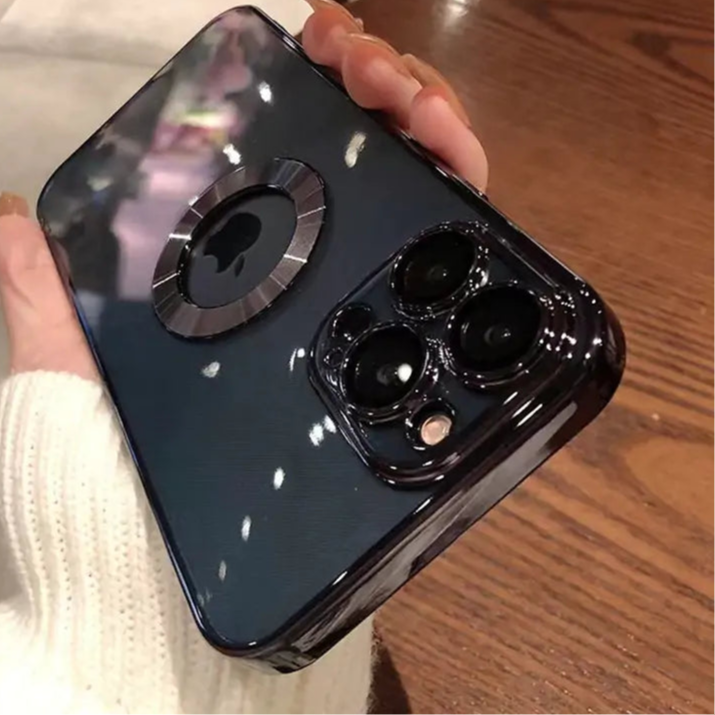 Luxury glossy phone case with metal ring design – stylish and protective.