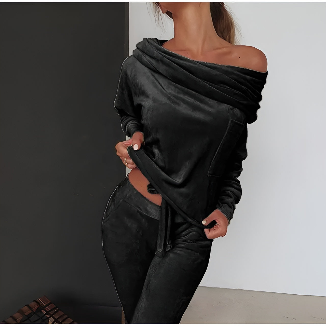 Velvet Off-Shoulder Pajama Set