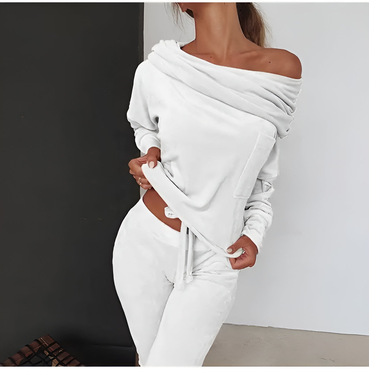 Velvet Off-Shoulder Pajama Set