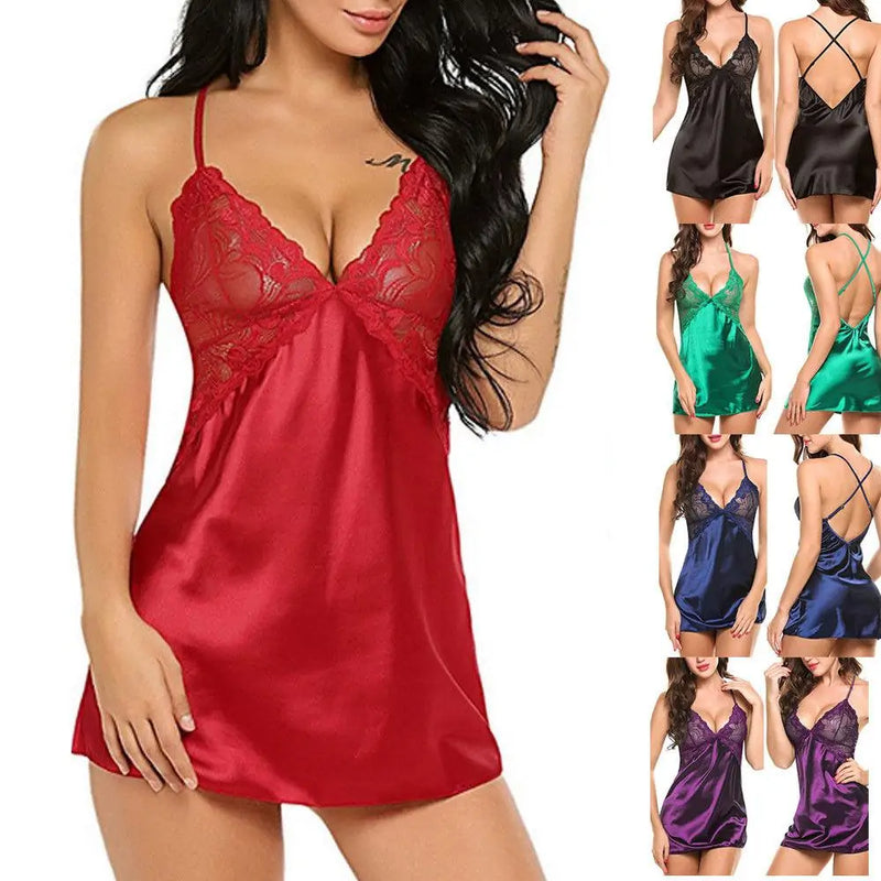Red lace lingerie sleepwear with criss-cross back straps – satin nightdress for women