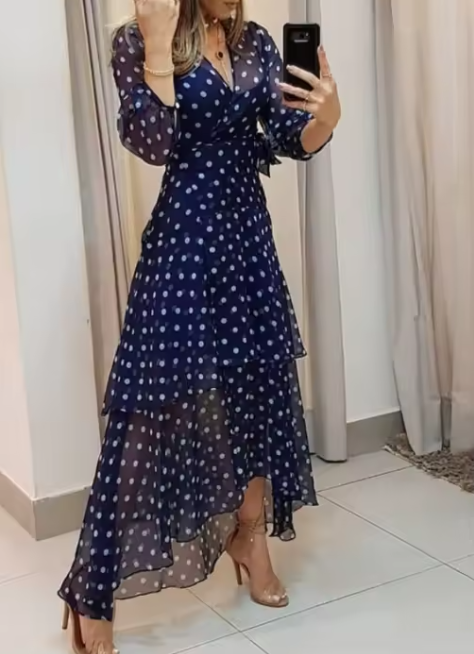 Black and white polka dot wrap maxi dress with sheer ruffle hem – long sleeve evening dress for women