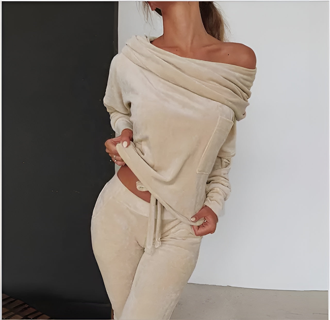 Velvet Off-Shoulder Pajama Set