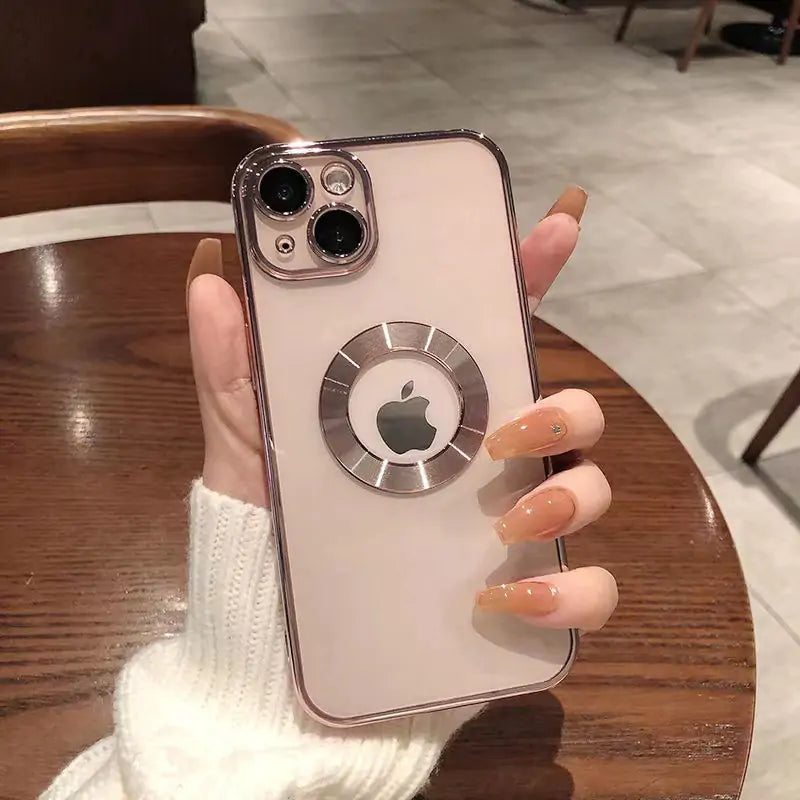 Luxury glossy phone case with metal ring design – stylish and protective.