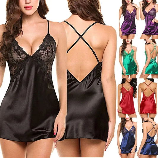 Black lace lingerie sleepwear with criss-cross back straps – satin nightdress for women